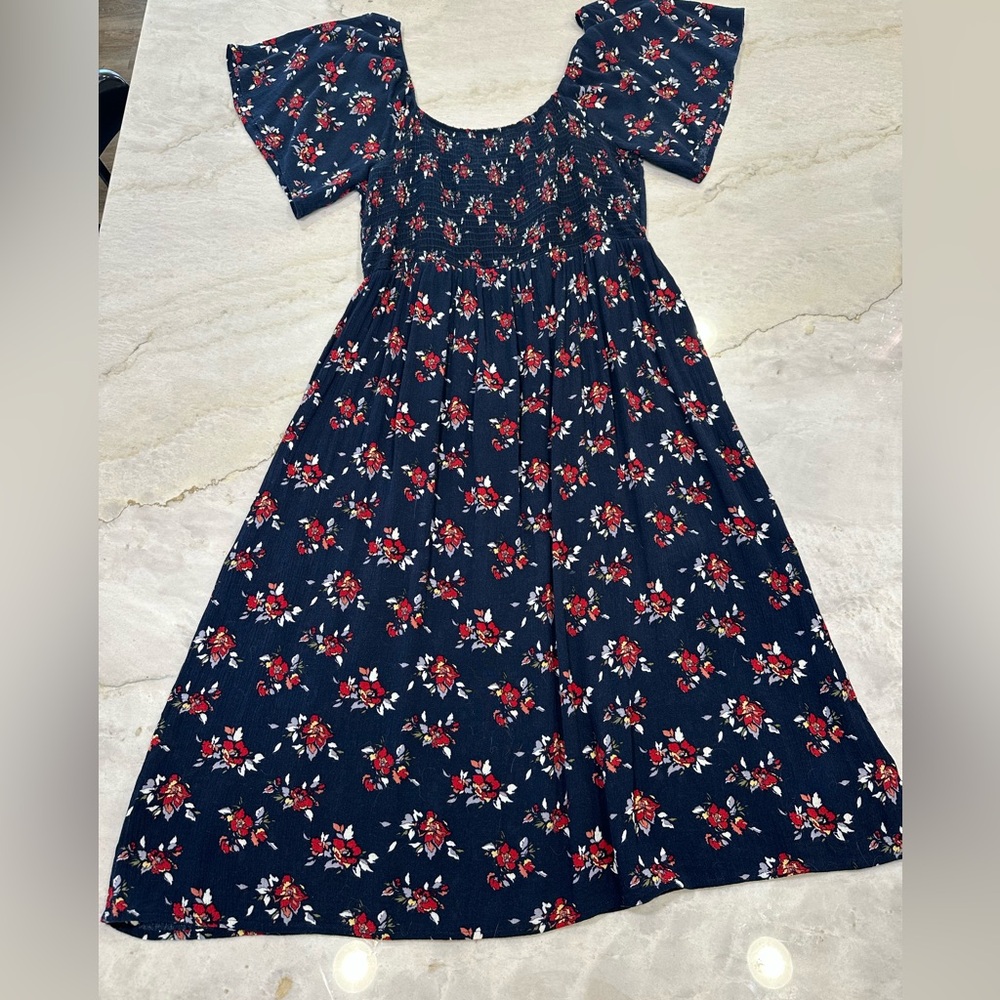 Susina Navy Floral Smocked Dress with Red Flowers